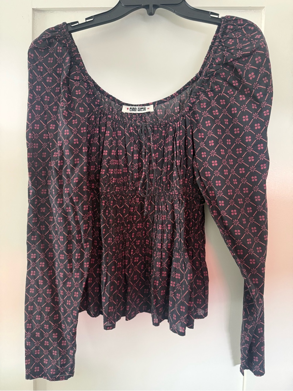 Ciao Lucia Black and Pink Floral-Print Peasant Top